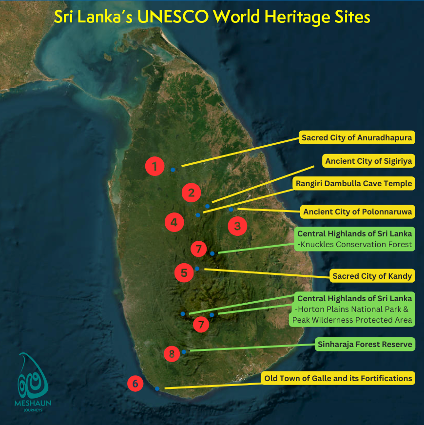 A map of Sri Lanka's UNESCO World Heritage Sites.
