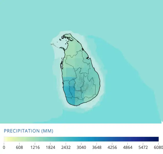 The overall rainfall or precipitation image of Sri Lanka with Annual rainfall average for the last 30 years. 