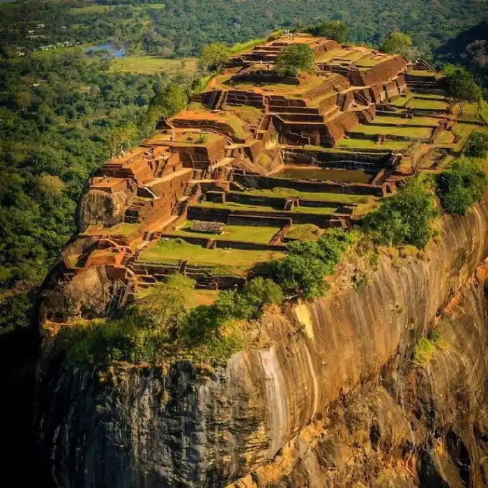 Image of the Sigiriya Rock Fortress in Sri Lanka. The image shows the ruins on the Sigiriya Rock Summit and Peak. 