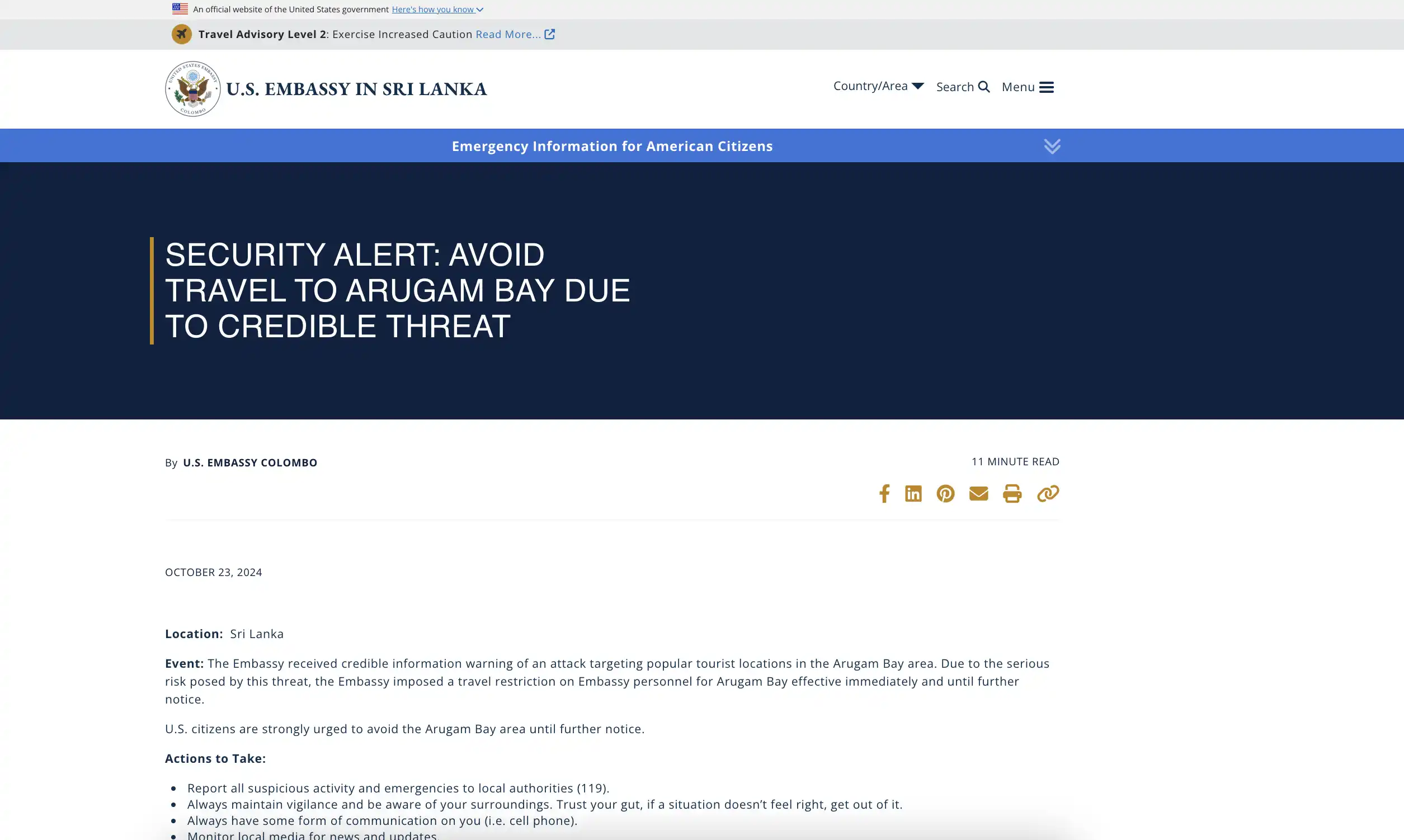 Image of the US Embassy of Colombo Sri Lanka with the Security Alert for Arugam Bay